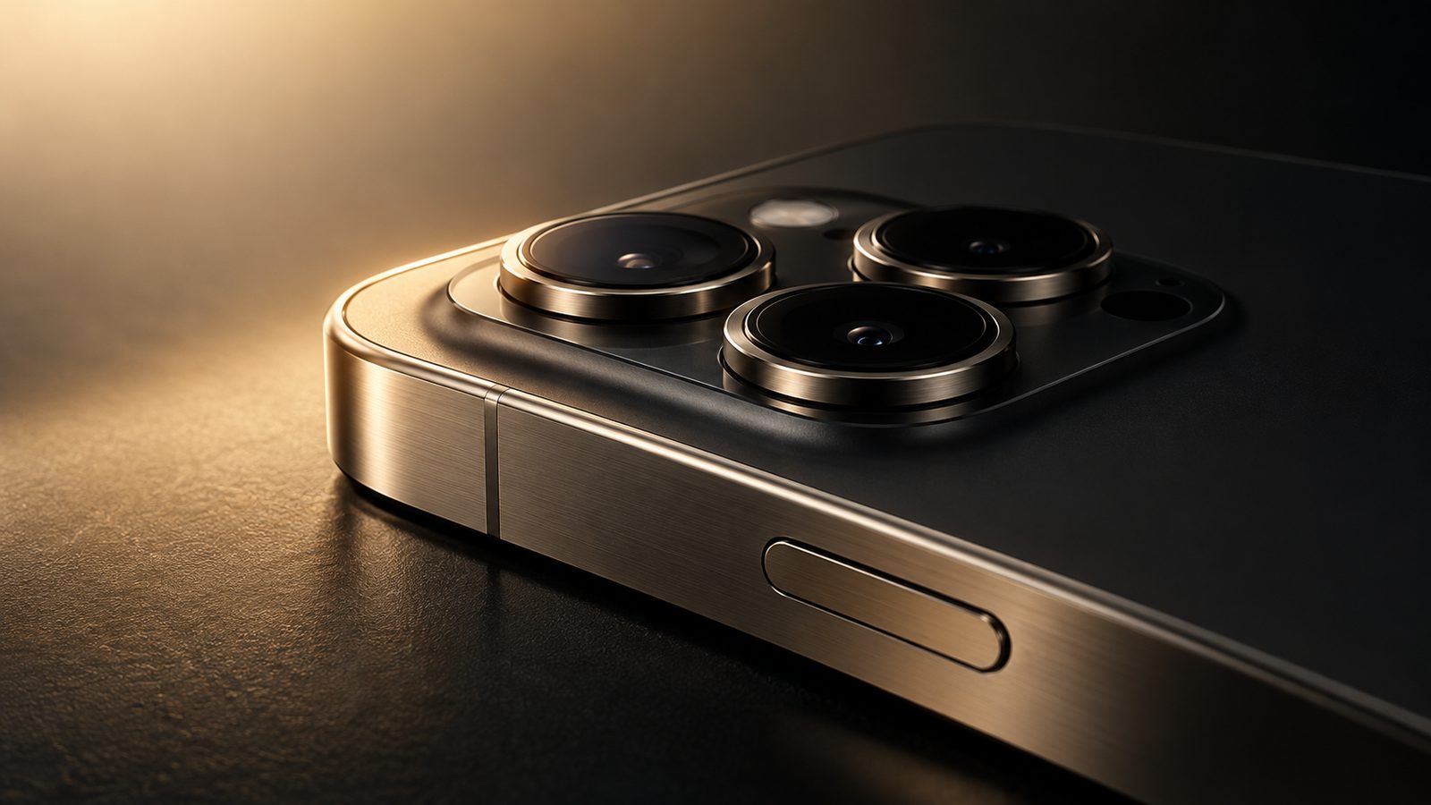 Close-up of a premium smartphone camera in warm gold light