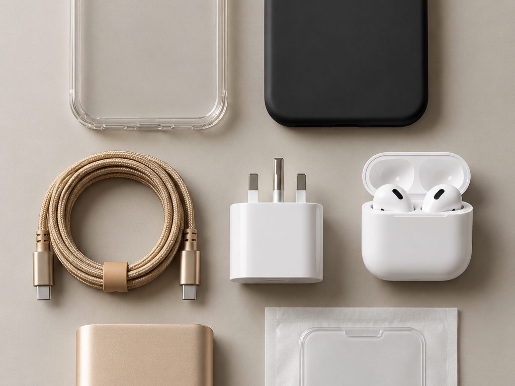 Phone cases, a charger, a cable, earbuds and a power bank
