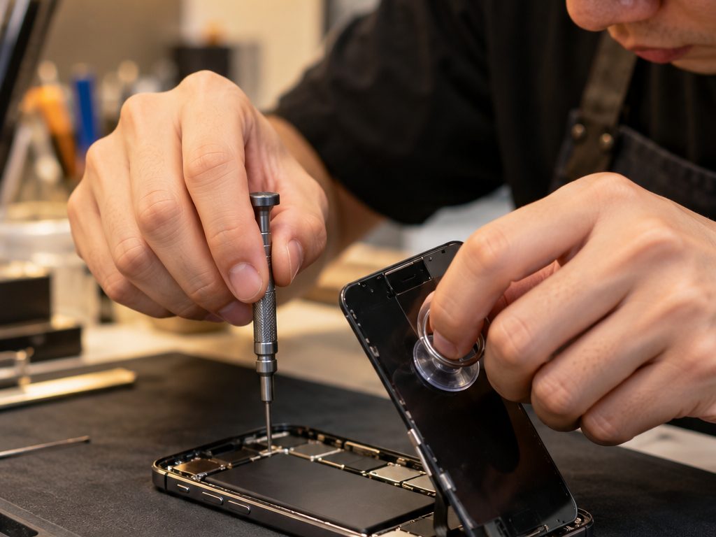 A technician replacing a smartphone screen