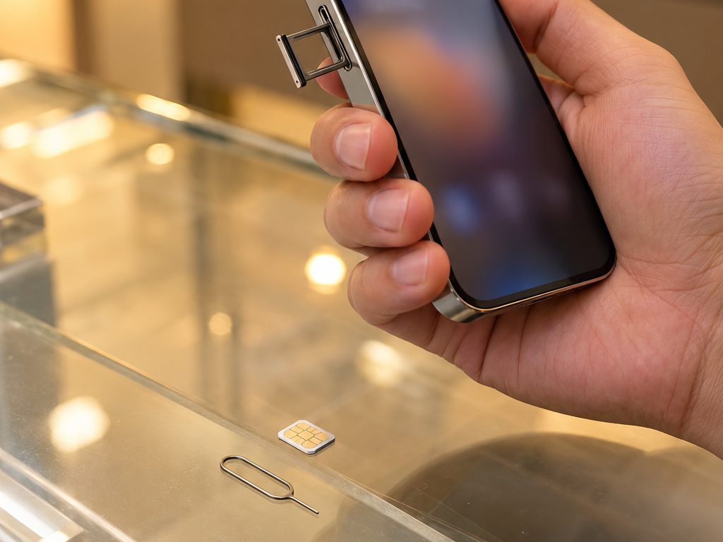 A phone with its SIM tray open beside a nano SIM card