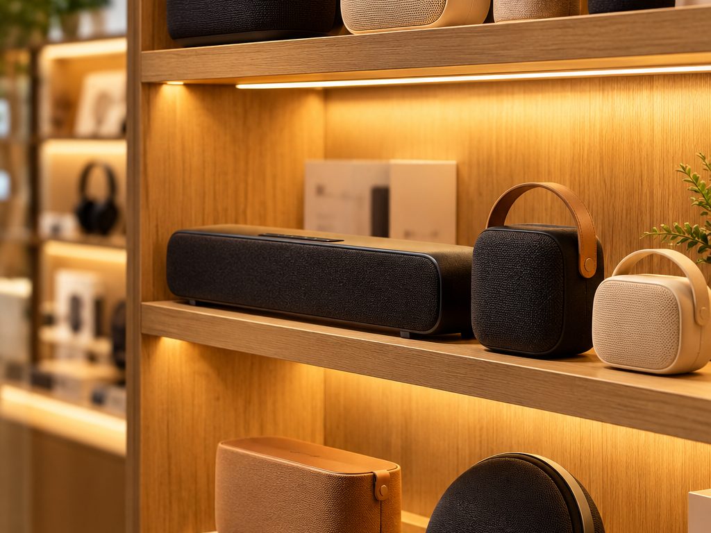 Portable speakers and a soundbar on lit wooden shelves