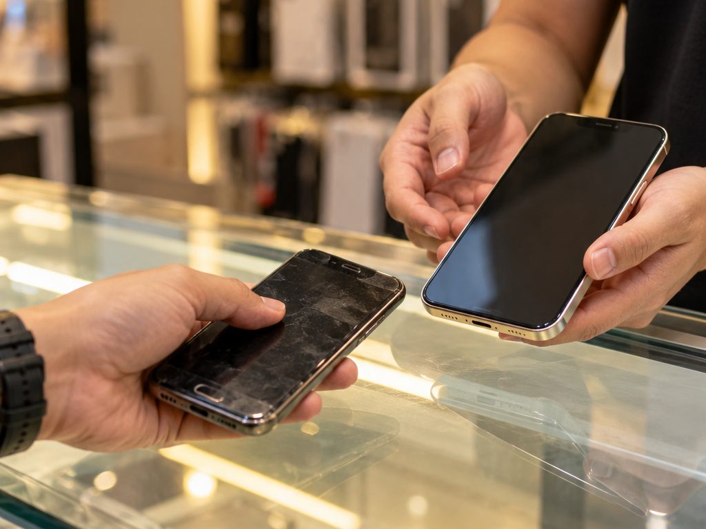 A customer trading in an older phone across the shop counter