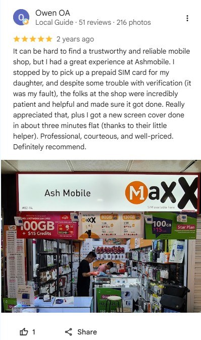 Google review by Owen OA: It can be hard to find a trustworthy and reliable mobile shop, but I had a great experience at Ashmobile.