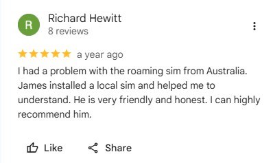 Google review by Richard Hewitt: I had a problem with the roaming sim from Australia. James installed a local sim and helped me to understand.