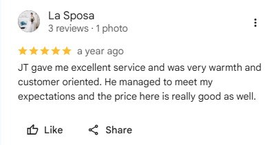 Google review by La Sposa: JT gave me excellent service and was very warmth and customer oriented.