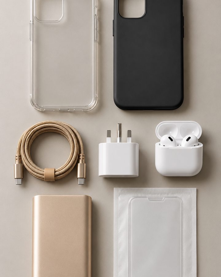 Phone cases, chargers, earbuds and a power bank