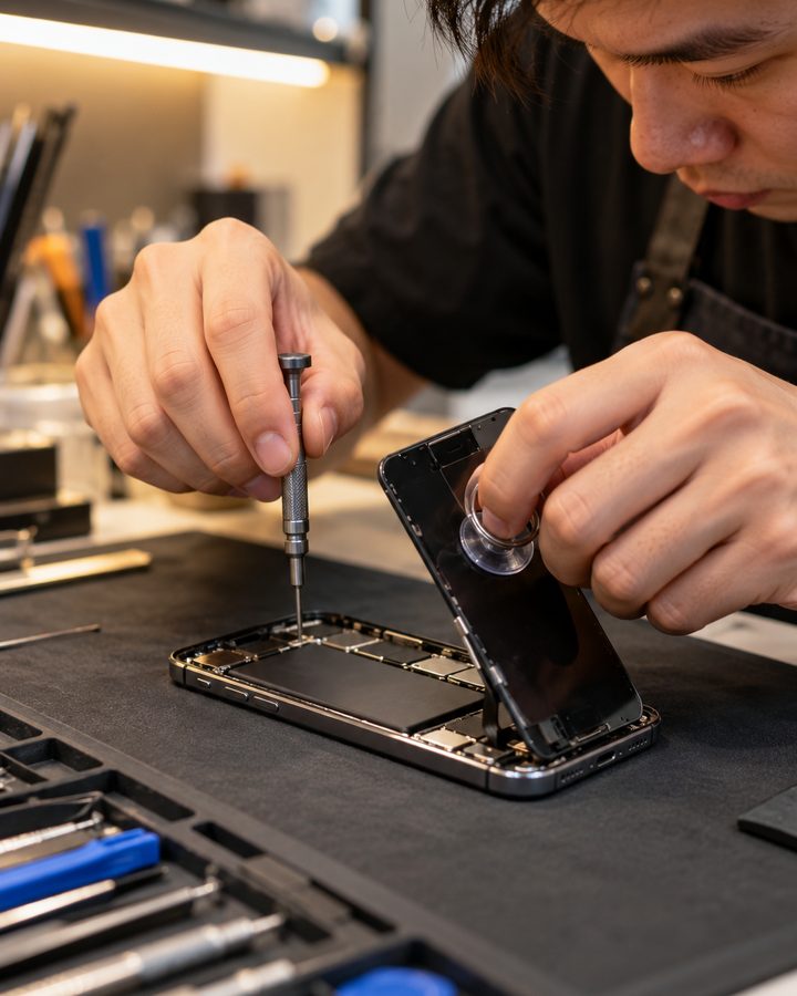 A technician replacing a smartphone screen