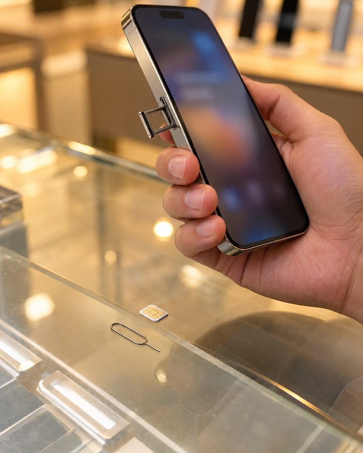 A nano SIM card beside a phone with its SIM tray open