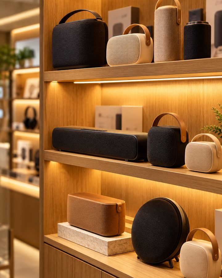 Portable speakers and a soundbar on lit wooden shelves