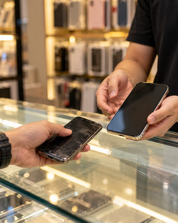 A customer trading in an older phone across the shop counter